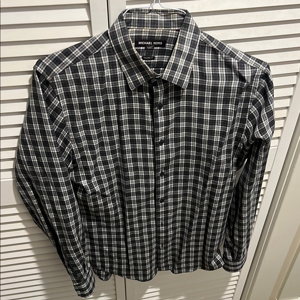 Michael Kors Grey and White Casual Button Down Shirt Tailored Fit
